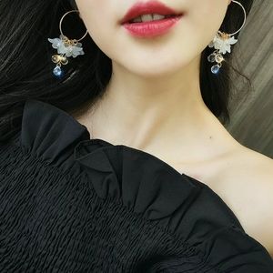 Crystal Flower Gold Tone Dangle Drop Hoop Earrings